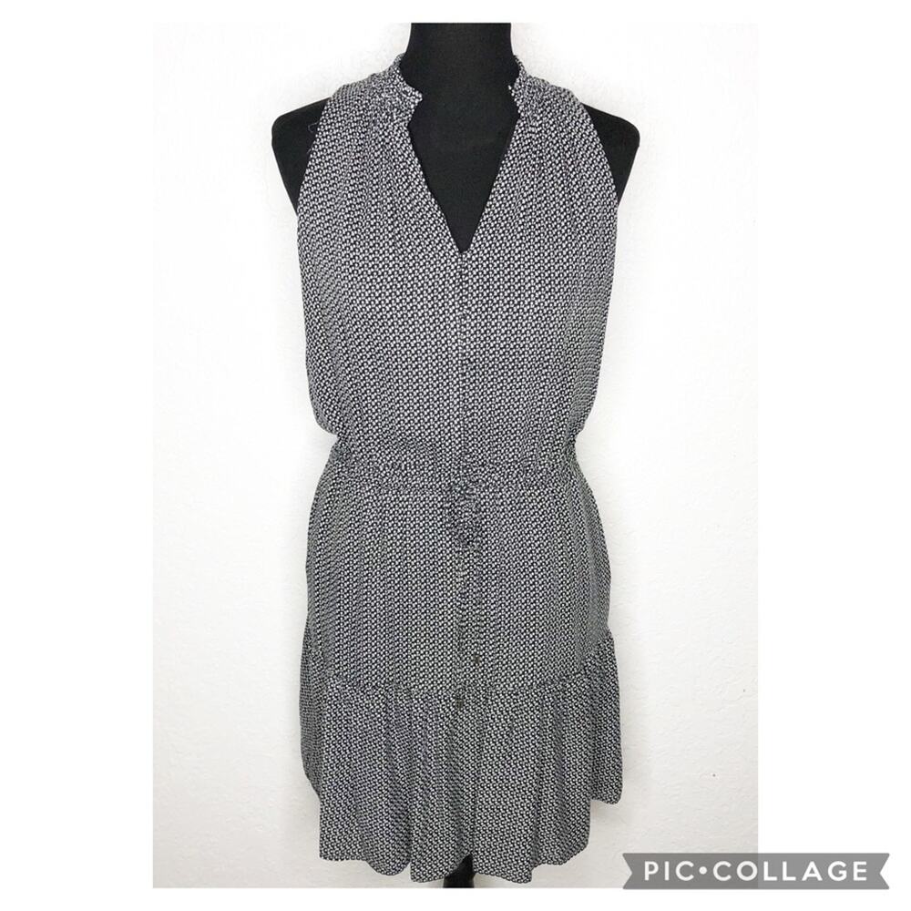 WHBM black white micro floral sleeveless drawstring waist dress Extra Small XS